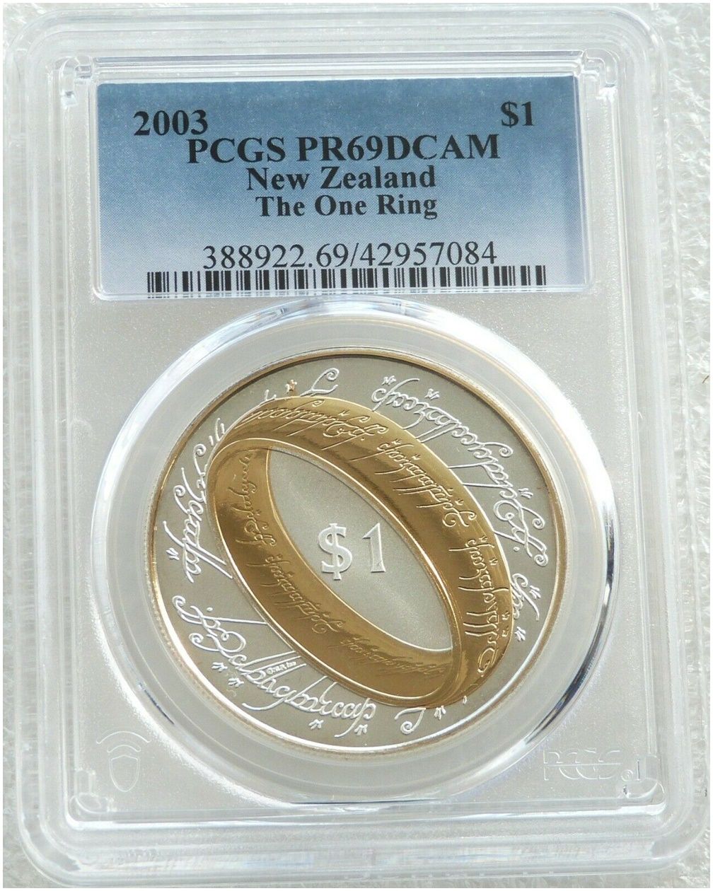 2003 New Zealand Lord of the Rings One Ring $1 Silver Gold Proof Coin PCGS PR69 DCAM 2003 New Zealand Lord of the Rings One Ring $1 Silver Gold Proof Coin PCGS PR69 DCAM