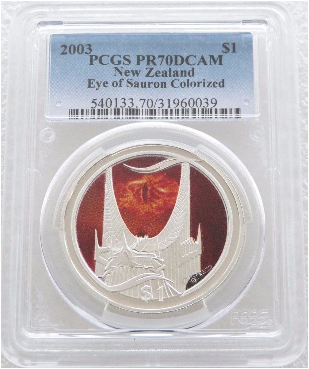 2003 New Zealand Lord of the Rings Eye of Sauron $1 Silver Proof Coin PCGS PR70 DCAM 2003 New Zealand Lord of the Rings Eye of Sauron $1 Silver Proof Coin PCGS PR70 DCAM
