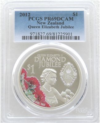 2012 New Zealand Diamond Jubilee $1 Silver Proof 1oz Coin PCGS PR69 DCAM 2012 New Zealand Diamond Jubilee $1 Silver Proof 1oz Coin PCGS PR69 DCAM