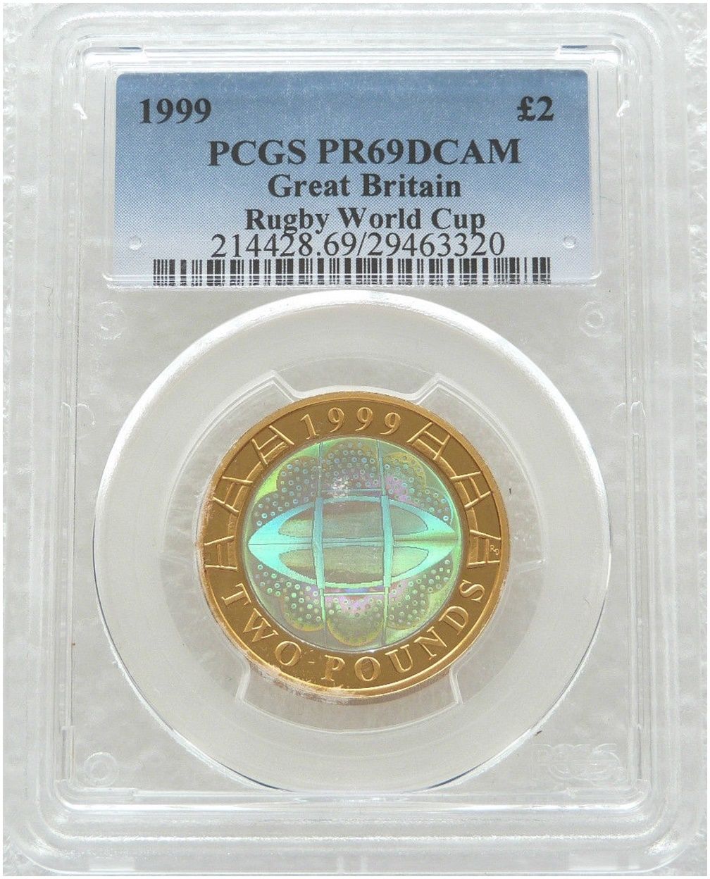 1999 Rugby World Cup Hologram Piedfort £2 Silver Proof Coin PCGS PR69 DCAM 1999 Rugby World Cup Hologram Piedfort £2 Silver Proof Coin PCGS PR69 DCAM