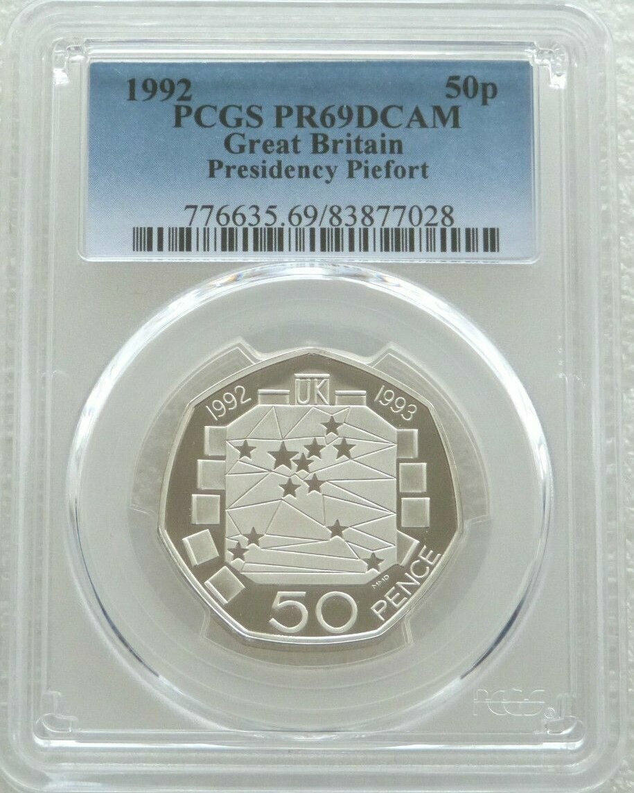 1992 - 1993 European Presidency Piedfort 50p Silver Proof Coin PCGS PR69 DCAM 1992 - 1993 European Presidency Piedfort 50p Silver Proof Coin PCGS PR69 DCAM