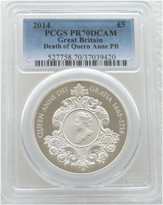 2014 Queen Anne Piedfort £5 Silver Proof Coin PCGS PR70 DCAM 2014 Queen Anne Piedfort £5 Silver Proof Coin PCGS PR70 DCAM