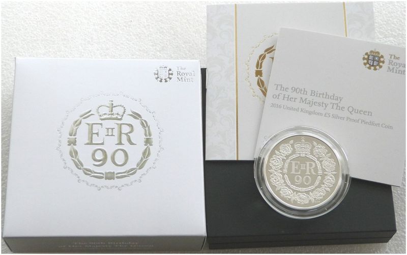 2016 Queen's 90th Birthday Piedfort £5 Silver Proof Coin Box Coa