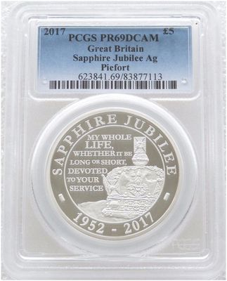 2017 Sapphire Jubilee Piedfort £5 Silver Proof Coin PCGS PR69 DCAM 2017 Sapphire Jubilee Piedfort £5 Silver Proof Coin PCGS PR69 DCAM