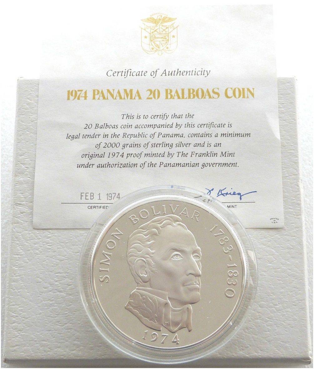 1974 Panama Simon Bolivar Large 20 Balboa Silver Proof Coin Box Coa