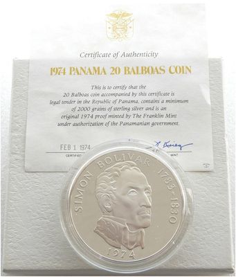 1974 Panama Simon Bolivar Large 20 Balboa Silver Proof Coin Box Coa