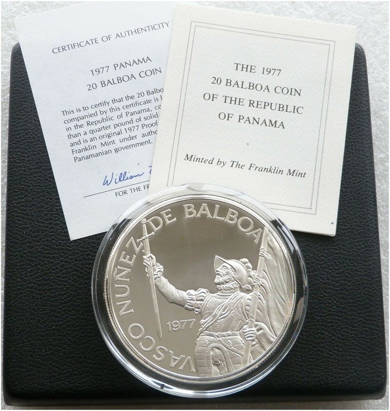 1977 Panama Vasco Nunez Large 20 Balboa Silver Proof Coin Box Coa 1977 Panama Vasco Nunez Large 20 Balboa Silver Proof Coin Box Coa