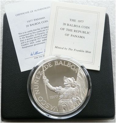 1977 Panama Vasco Nunez Large 20 Balboa Silver Proof Coin Box Coa