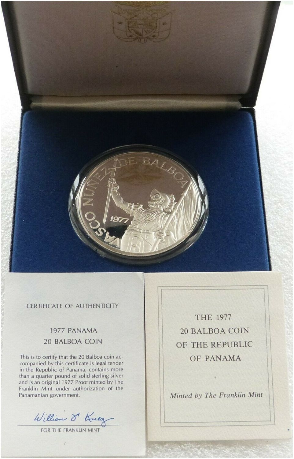 1977 Panama Vasco Nunez Large 20 Balboa Silver Proof Coin Box Coa