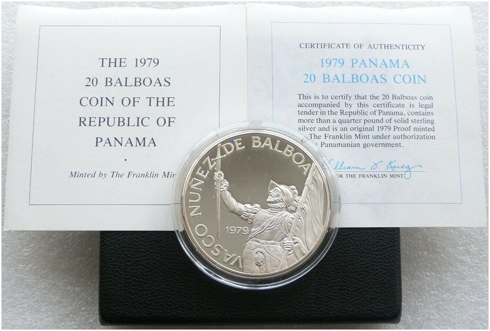 1979 Panama Vasco Nunez Large 20 Balboa Silver Proof Coin Box Coa