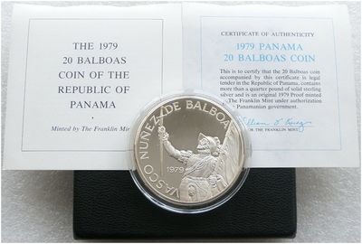 1979 Panama Vasco Nunez Large 20 Balboa Silver Proof Coin Box Coa