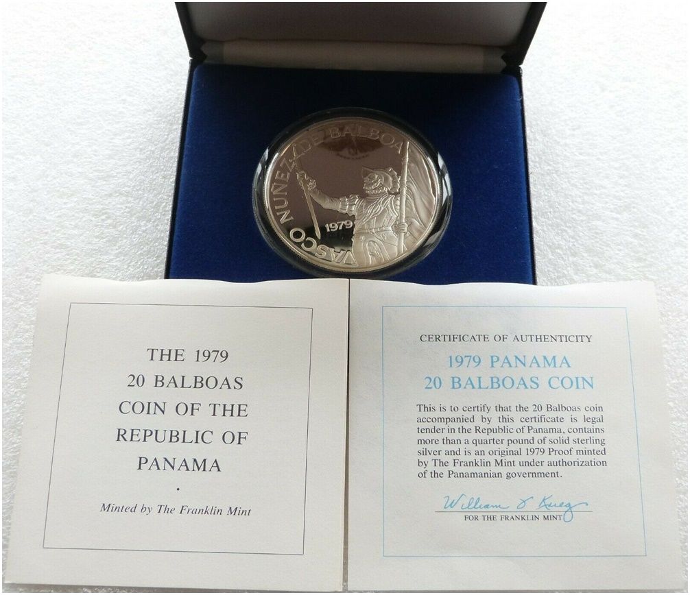 1979 Panama Vasco Nunez Large 20 Balboa Silver Proof Coin Box Coa
