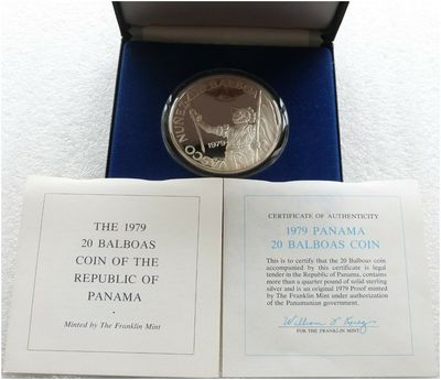 1979 Panama Vasco Nunez Large 20 Balboa Silver Proof Coin Box Coa