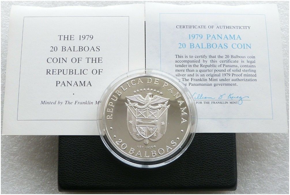 1979 Panama Vasco Nunez Large 20 Balboa Silver Proof Coin Box Coa