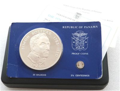 1976 Panama Simon Bolivar 20 Balboa 2.5 Centesimos Silver Proof 2 Coin Set
