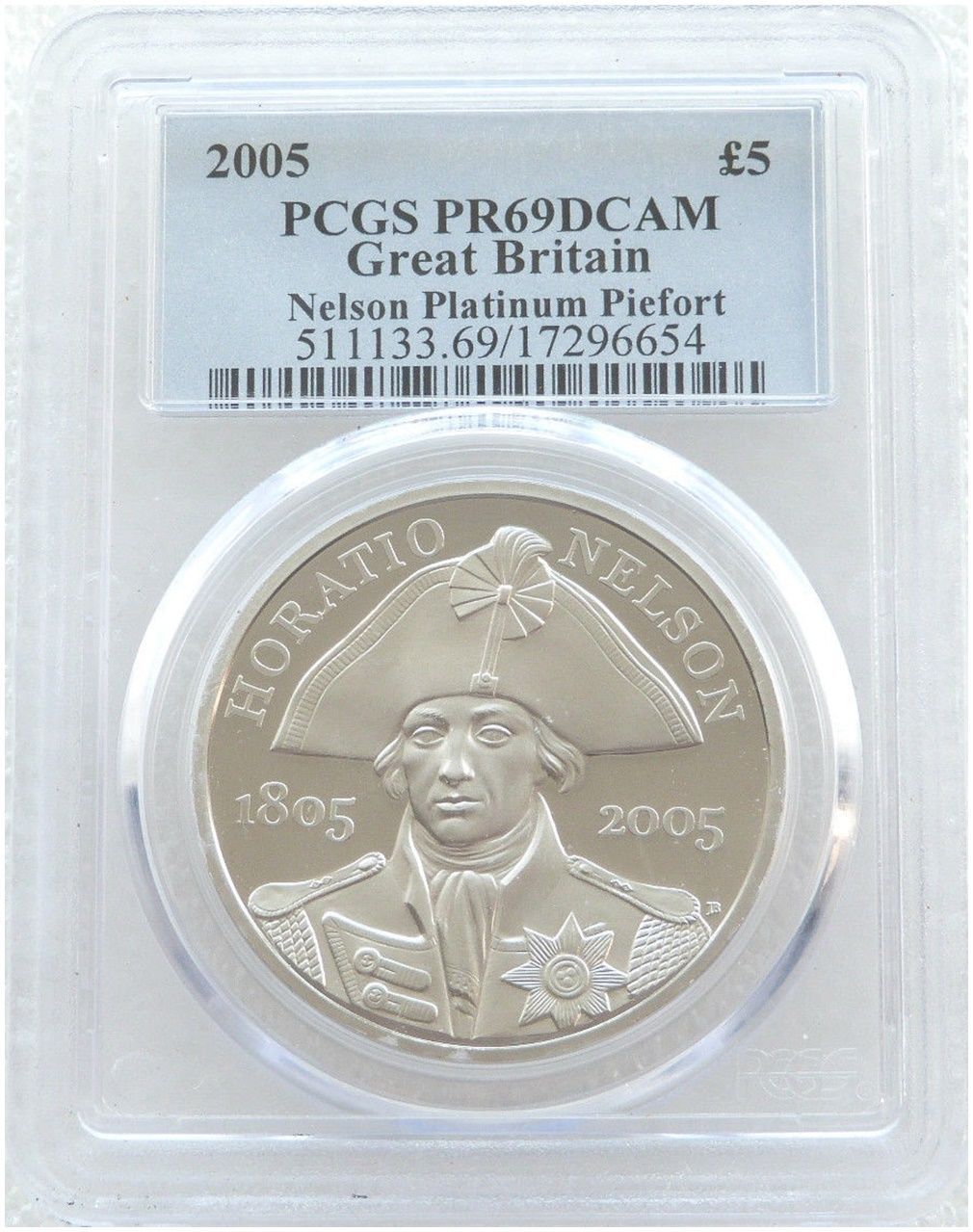 2005 Horatio Nelson Piedfort £5 Platinum Proof 3oz Coin PCGS PR69 DCAM 2005 Horatio Nelson Piedfort £5 Platinum Proof 3oz Coin PCGS PR69 DCAM