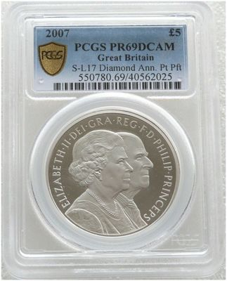 2007 Diamond Wedding Piedfort £5 Platinum Proof 3oz Coin PCGS PR69 DCAM 2007 Diamond Wedding Piedfort £5 Platinum Proof 3oz Coin PCGS PR69 DCAM