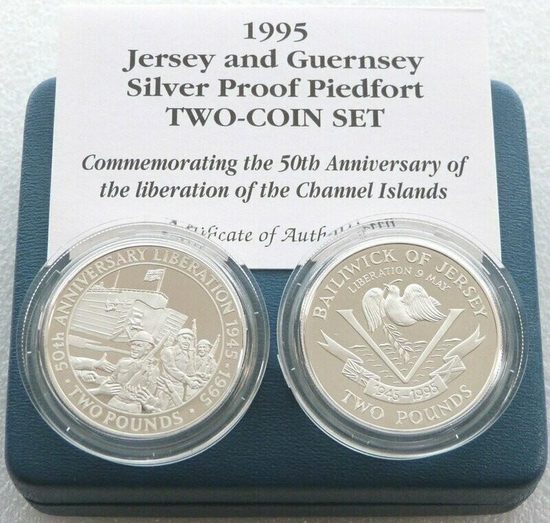 1995 Liberation 50th Anniversary Piedfort £2 Silver Proof 2 Coin Set Box Coa 1995 Liberation 50th Anniversary Piedfort £2 Silver Proof 2 Coin Set Box Coa