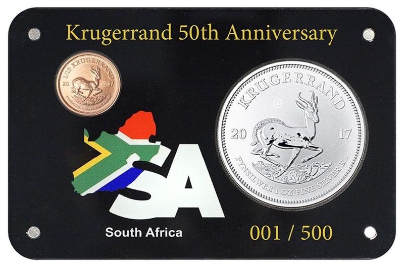 2017 South Africa 50th Anniversary Privy Mark Premium Krugerrand Gold and Silver 2 Coin Set Box Coa