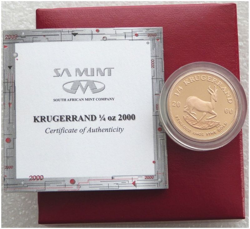2000 South Africa Quarter Krugerrand Gold Proof 1/4oz Coin Box Coa