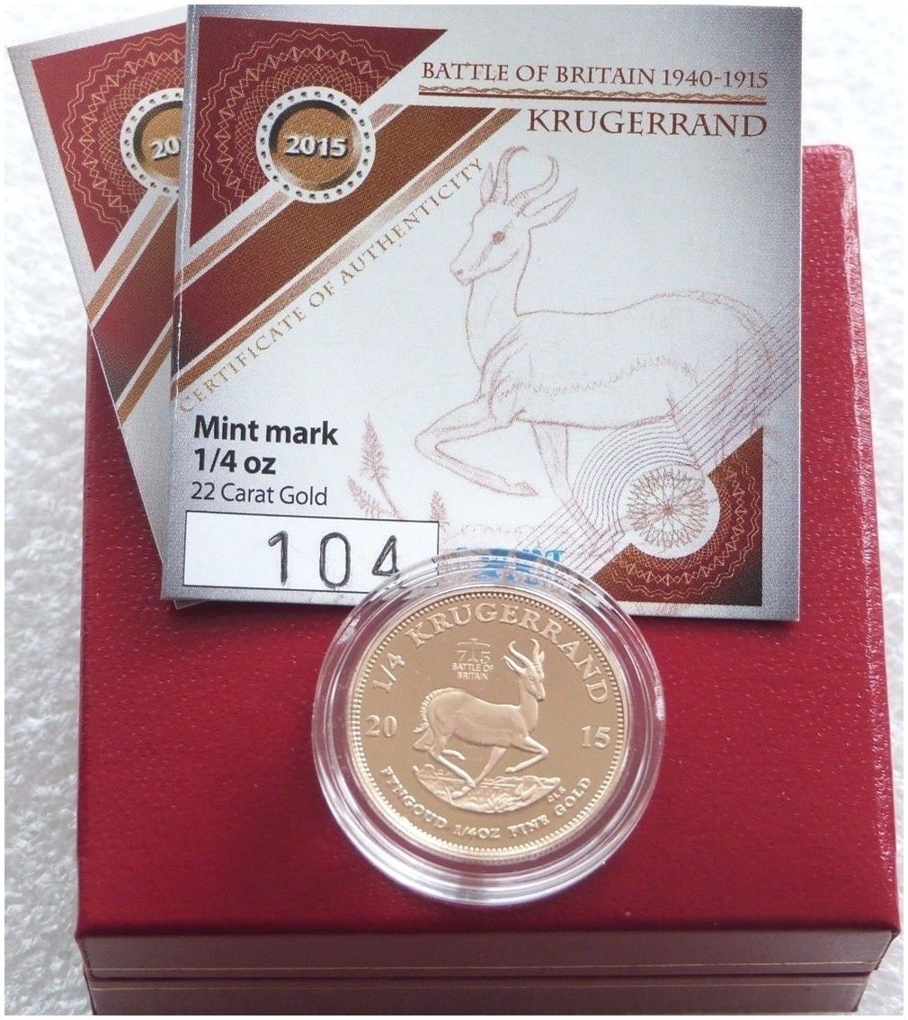2015 South Africa Battle of Britain Mint Mark Quarter Krugerrand Gold Proof 1/4oz Coin Box Coa