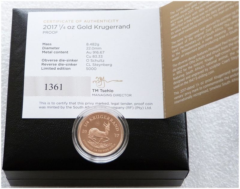 2017 South Africa 50th Anniversary Privy Mark Quarter Krugerrand Gold Proof 1/4oz Coin Box Coa