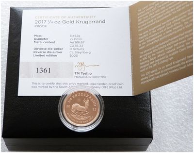 2017 South Africa 50th Anniversary Privy Mark Quarter Krugerrand Gold Proof 1/4oz Coin Box Coa
