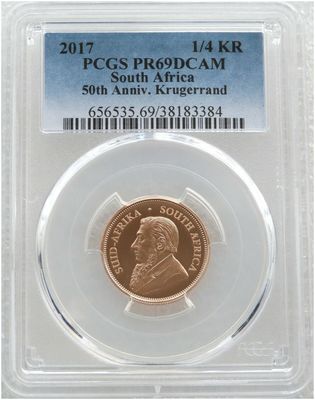 2017 South Africa 50th Anniversary Privy Mark Quarter Krugerrand Gold Proof 1/4oz Coin PCGS PR69 DCAM 2017 South Africa 50th Anniversary Privy Mark Quarter Krugerrand Gold Proof 1/4oz Coin PCGS PR69 DCAM