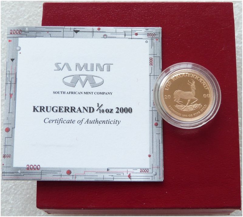 2000 South Africa Tenth Krugerrand Gold Proof 1/10oz Coin Box Coa