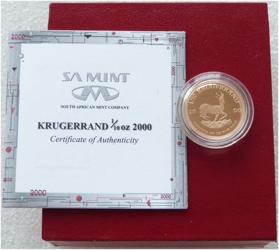 2000 South Africa Tenth Krugerrand Gold Proof 1/10oz Coin Box Coa
