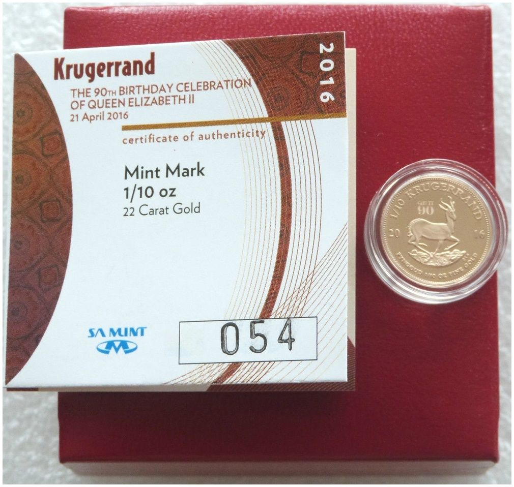 2016 South Africa Queen's 90th Birthday Mint Mark Tenth Krugerrand Gold Proof 1/10oz Coin Box Coa