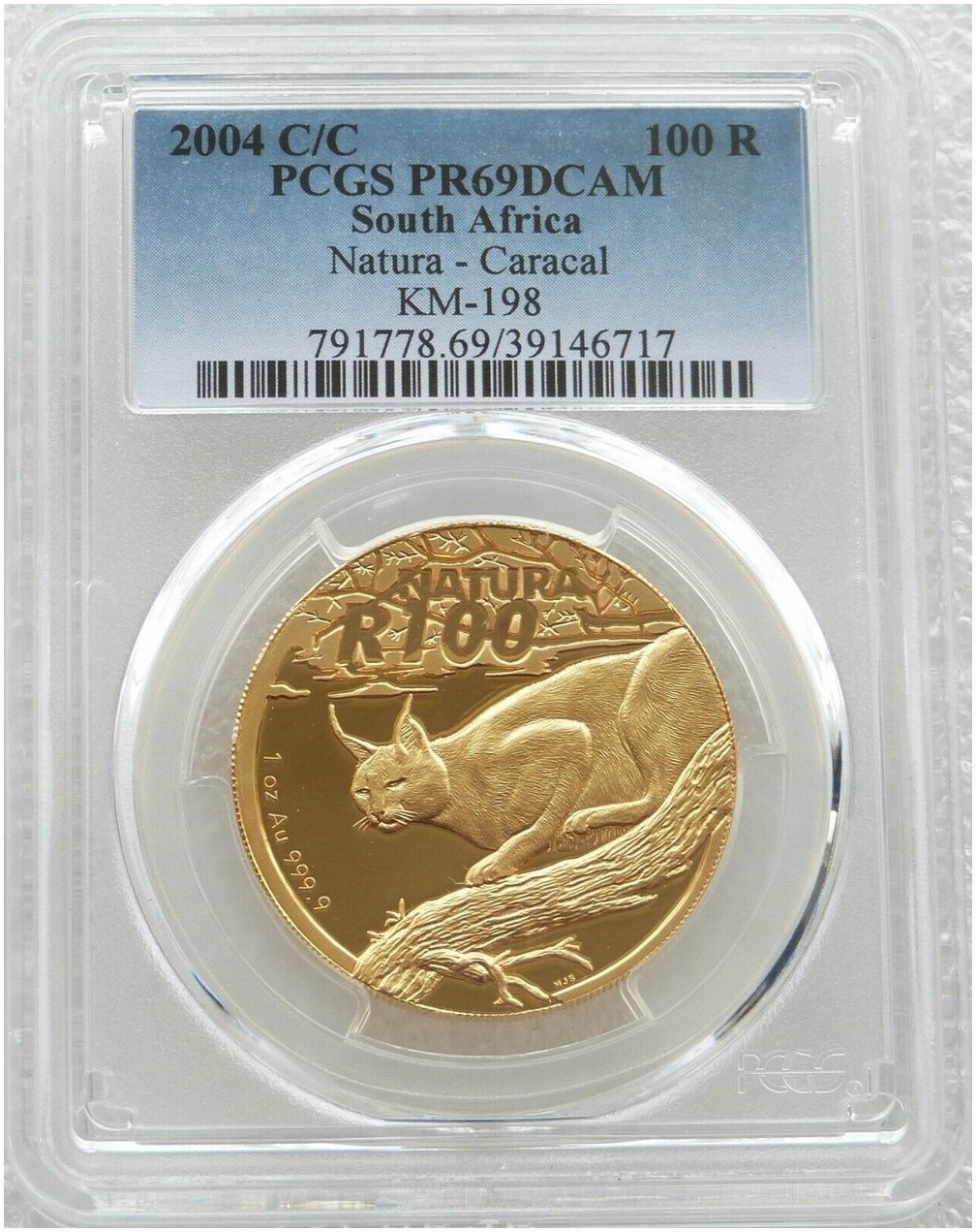 2004-CC South Africa Natura Launch Caracal 100 Rand Gold Proof 1oz Coin PCGS PR69 DCAM