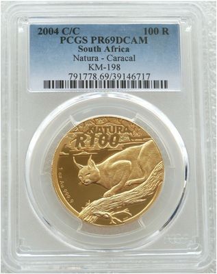 2004-CC South Africa Natura Launch Caracal 100 Rand Gold Proof 1oz Coin PCGS PR69 DCAM