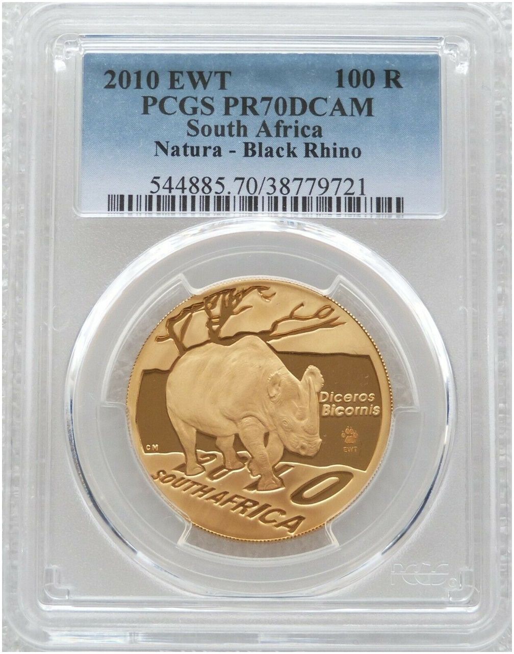 2010-EWT South Africa Natura Launch Mint Mark Black Rhino 100 Rand Gold Proof 1oz Coin PCGS PR70 DCAM 2010-EWT South Africa Natura Launch Mint Mark Black Rhino 100 Rand Gold Proof 1oz Coin PCGS PR70 DCAM