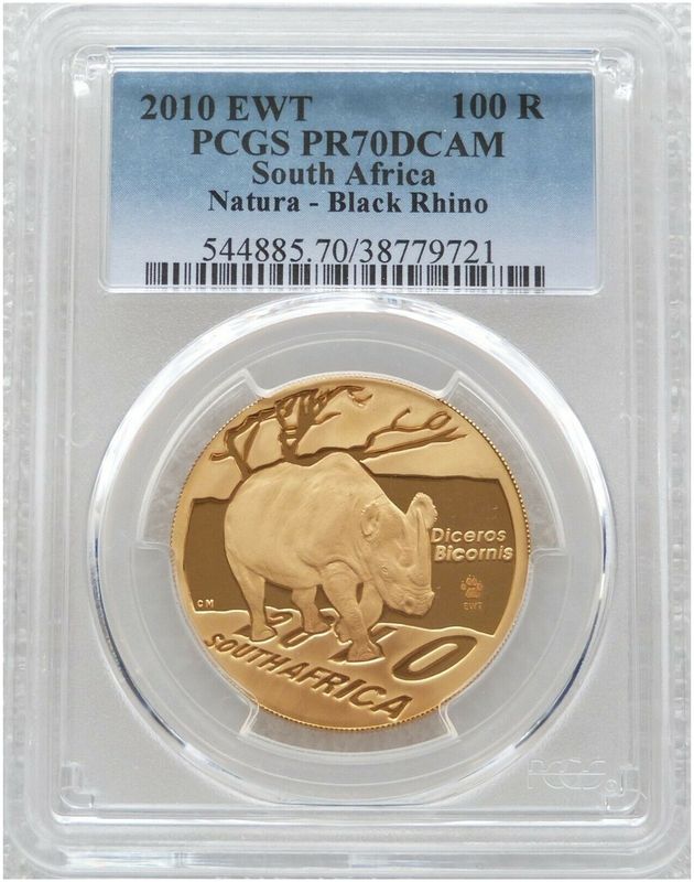 2010-EWT South Africa Natura Launch Mint Mark Black Rhino 100 Rand Gold Proof 1oz Coin PCGS PR70 DCAM 2010-EWT South Africa Natura Launch Mint Mark Black Rhino 100 Rand Gold Proof 1oz Coin PCGS PR70 DCAM