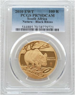 2010-EWT South Africa Natura Launch Mint Mark Black Rhino 100 Rand Gold Proof 1oz Coin PCGS PR70 DCAM 2010-EWT South Africa Natura Launch Mint Mark Black Rhino 100 Rand Gold Proof 1oz Coin PCGS PR70 DCAM