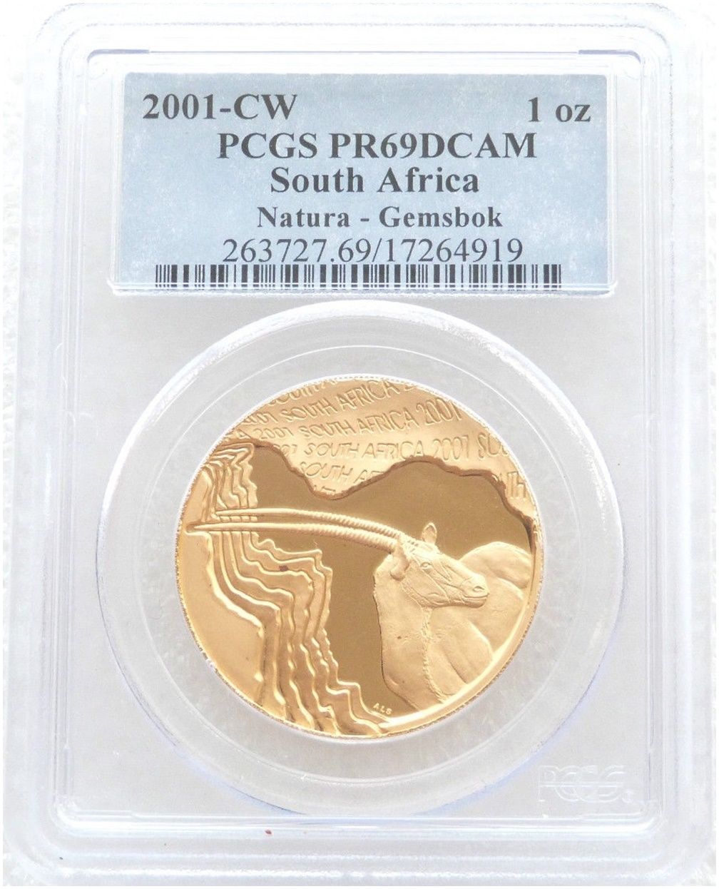 2001-CW South Africa Natura Launch Mint Mark Oryx Gold Proof 1oz Coin PCGS PR69 DCAM