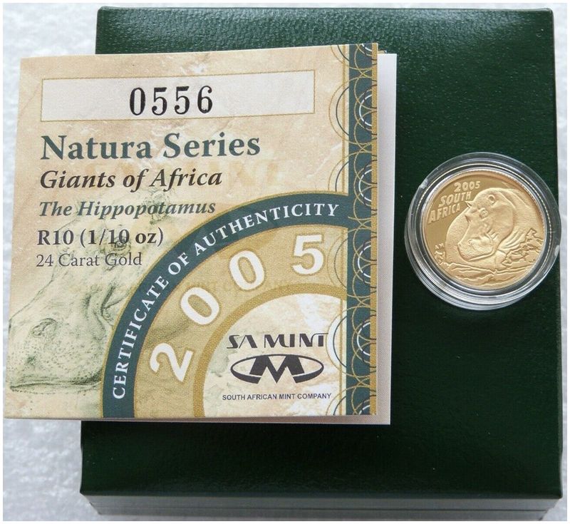 2005 South Africa Natura Hippopotamus 10 Rand Gold Proof 1/10oz Coin Box Coa 2005 South Africa Natura Hippopotamus 10 Rand Gold Proof 1/10oz Coin Box Coa