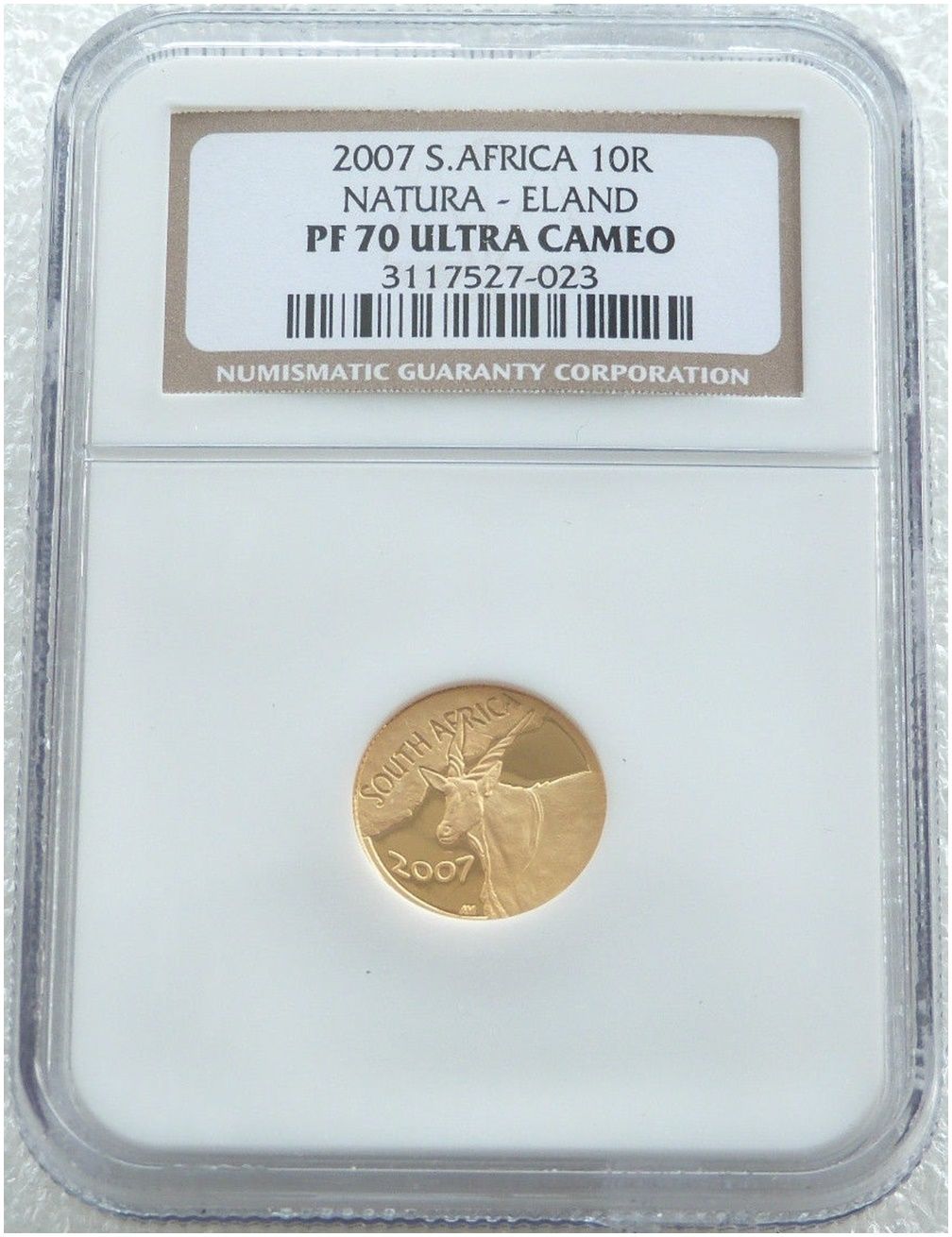 2007 South Africa Natura Eland 10 Rand Gold Proof 1/10oz Coin NGC PF70 UC 2007 South Africa Natura Eland 10 Rand Gold Proof 1/10oz Coin NGC PF70 UC