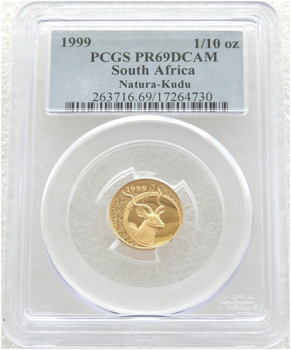 1999 South Africa Natura Kudu Bull Gold Proof 1/10oz Coin PCGS PR69 DCAM 1999 South Africa Natura Kudu Bull Gold Proof 1/10oz Coin PCGS PR69 DCAM