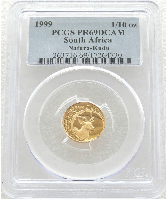 1999 South Africa Natura Kudu Bull Gold Proof 1/10oz Coin PCGS PR69 DCAM 1999 South Africa Natura Kudu Bull Gold Proof 1/10oz Coin PCGS PR69 DCAM