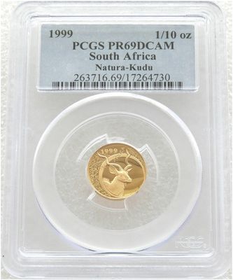 1999 South Africa Natura Kudu Bull Gold Proof 1/10oz Coin PCGS PR69 DCAM 1999 South Africa Natura Kudu Bull Gold Proof 1/10oz Coin PCGS PR69 DCAM