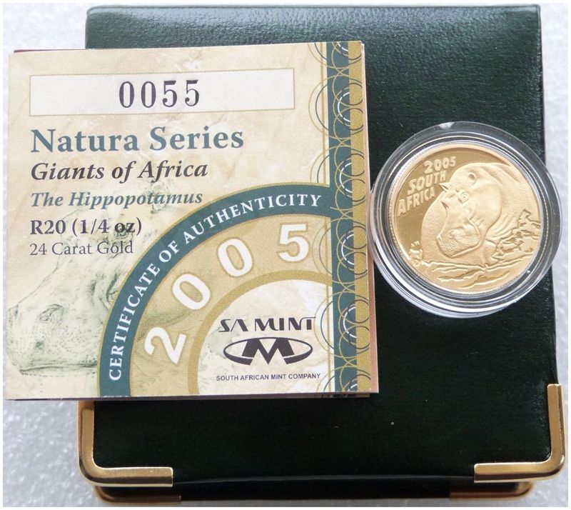 2005 South Africa Natura Hippopotamus 20 Rand Gold Proof 1/4oz Coin Box Coa 2005 South Africa Natura Hippopotamus 20 Rand Gold Proof 1/4oz Coin Box Coa