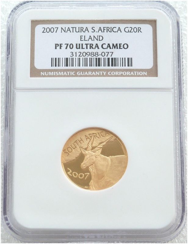 2007 South Africa Natura Eland 20 Rand Gold Proof 1/4oz Coin NGC PF70 UC 2007 South Africa Natura Eland 20 Rand Gold Proof 1/4oz Coin NGC PF70 UC
