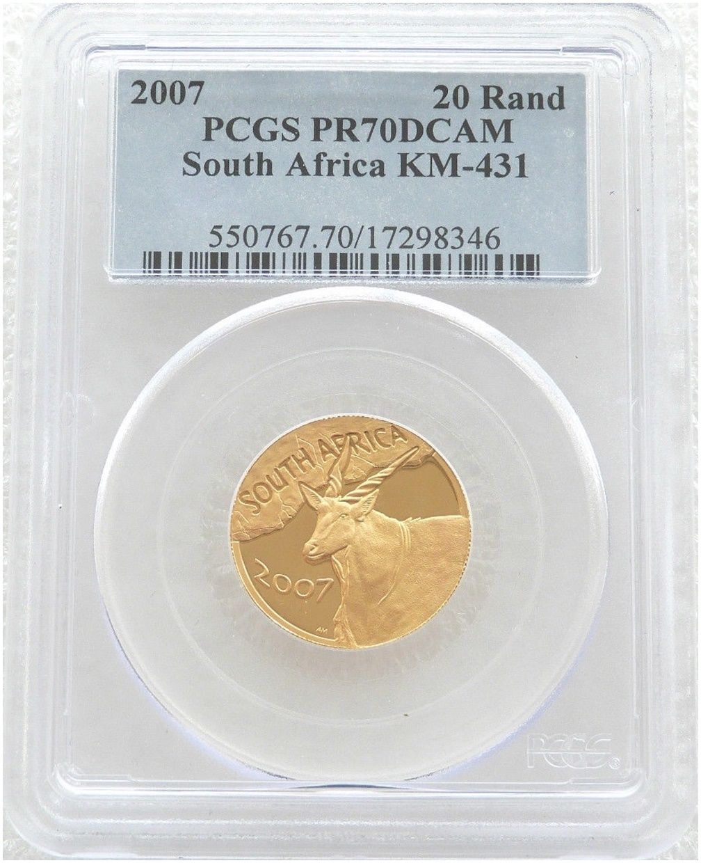 2007 South Africa Natura Eland 20 Rand Gold Proof 1/4oz Coin PCGS PR70 DCAM 2007 South Africa Natura Eland 20 Rand Gold Proof 1/4oz Coin PCGS PR70 DCAM