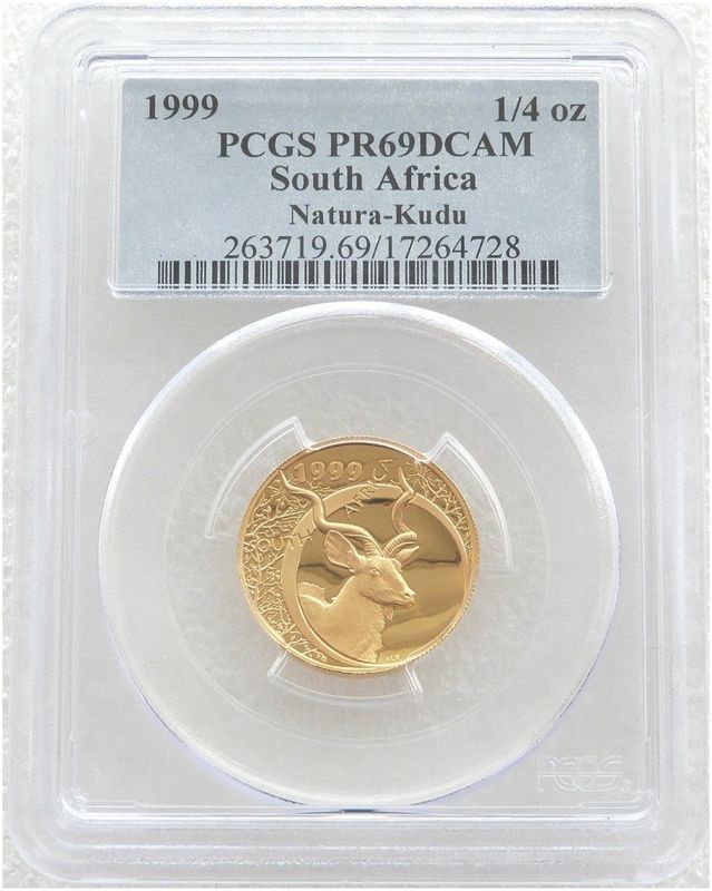 1999 South Africa Natura Kudu Bull Gold Proof 1/4oz Coin PCGS PR69 DCAM 1999 South Africa Natura Kudu Bull Gold Proof 1/4oz Coin PCGS PR69 DCAM