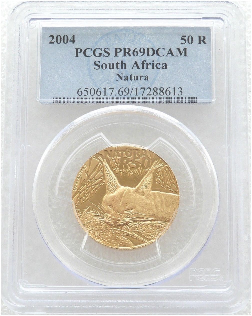 2004 South Africa Natura Caracal 50 Rand Gold Proof 1/2oz Coin PCGS PR69 DCAM 2004 South Africa Natura Caracal 50 Rand Gold Proof 1/2oz Coin PCGS PR69 DCAM