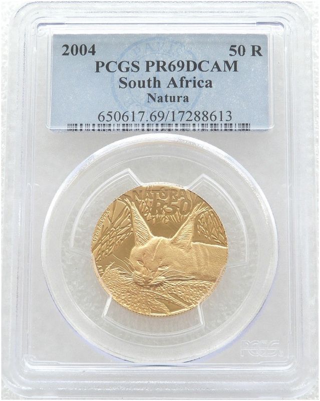2004 South Africa Natura Caracal 50 Rand Gold Proof 1/2oz Coin PCGS PR69 DCAM 2004 South Africa Natura Caracal 50 Rand Gold Proof 1/2oz Coin PCGS PR69 DCAM
