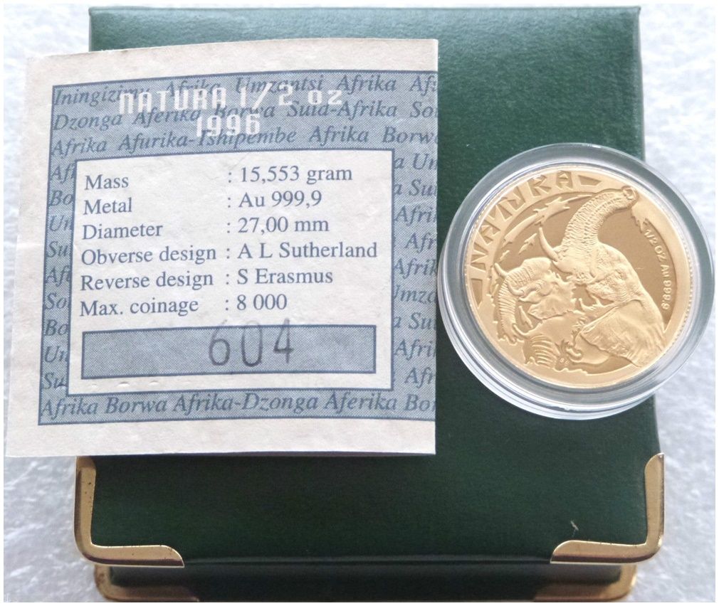 1996 South Africa Natura Elephant Gold Proof 1/2oz Coin Box Coa