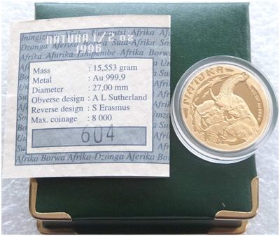 1996 South Africa Natura Elephant Gold Proof 1/2oz Coin Box Coa